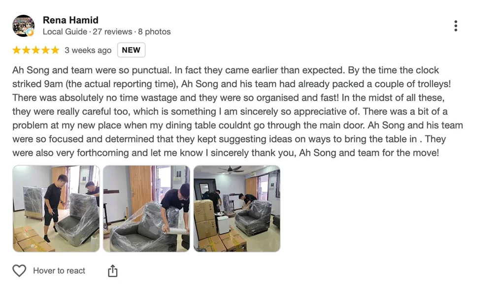 Google review from Rena Hamid with photos of the Queen Bee crew wrapping furniture